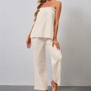 Old Money Cotton Strapless Smocked Vacation Lounge Set – Flowy Wide Leg Pants